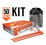 A kit with 5 0 packs of orange sticks and 3 bags.