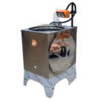 A stainless steel machine with an orange handle.