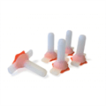 A group of six white and orange plastic handles.